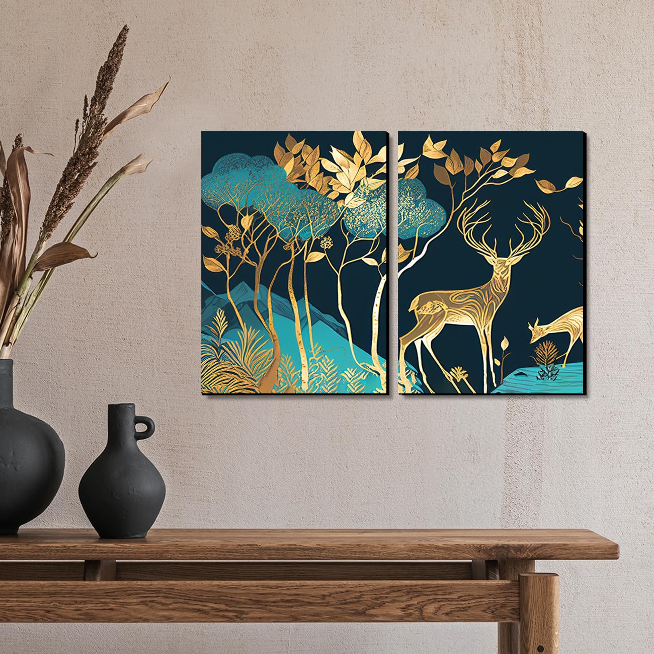 Kotart Green And Golden Deer Paintings Wall Art Mdf Panel Painting For Wall Decoration - Wall Paintings For Living Room, Bedroom